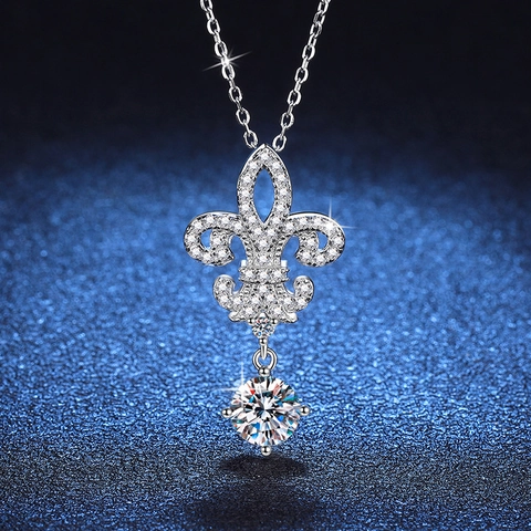 925 Sterling Silver Moissanite Pendant Necklace Elegant Fleur De Lis Crown Rhinestone Jewelry For Women Gift