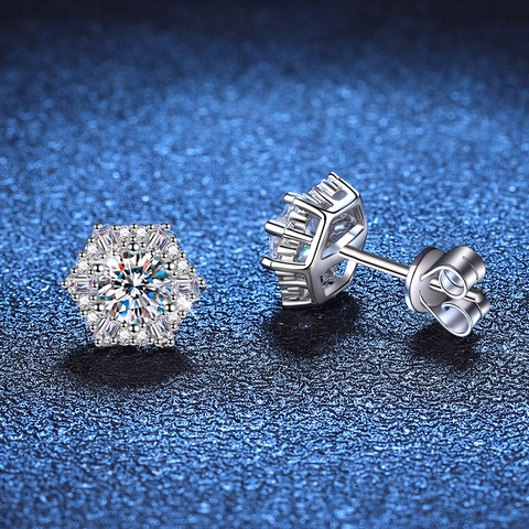 925 Sterling Silver Moissanite Stud Earrings For Women Hexagon Star Snowflake Geometric D Color Brilliant Sparkly Fine Jewelry