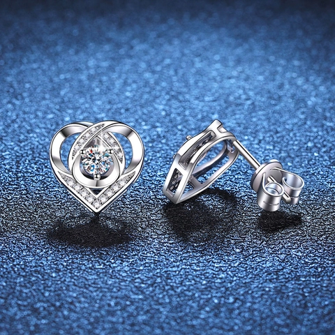 Pendientes de Botón de Corazón de Plata de Ley 925 para Mujer Moissanita Color D Strass Forma de Corazón Joyería Elegante