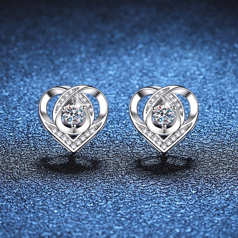 Pendientes de Botón de Corazón de Plata de Ley 925 para Mujer Moissanita Color D Strass Forma de Corazón Joyería Elegante