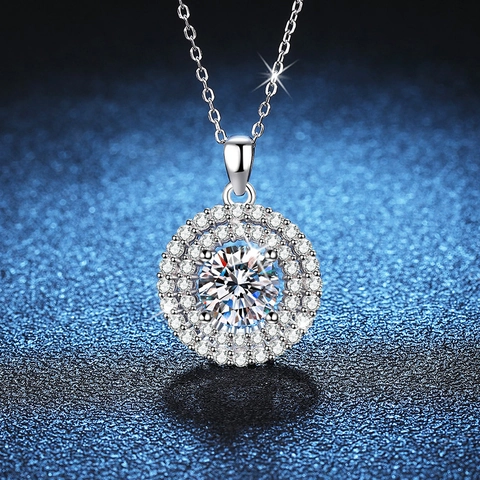 Collier en Argent Sterling 925 Pendentif en Moissanite à Double Halo Rond pour Femmes Bijoux de Luxe avec Chaîne Croisée