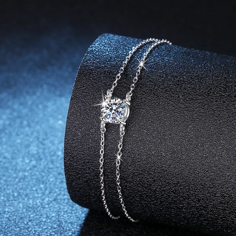 925 Sterling Silver Moissanite Bracelet For Women 1 Carat Double Layer Four Prong Setting Sparkly Round Cut Jewelry Gift