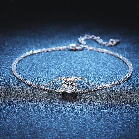 925 Sterling Silver Moissanite Bracelet For Women 1 Carat Double Layer Four Prong Setting Sparkly Round Cut Jewelry Gift