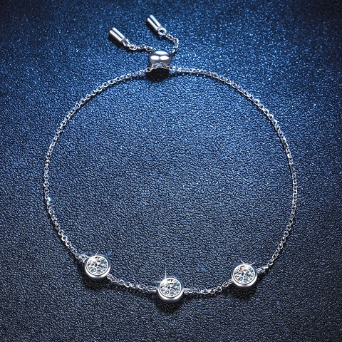 925 Sterling Silver Moissanite Bracelet For Women French Bubble Adjustable Bolo Chain Jewelry With Sparkling Round Stone