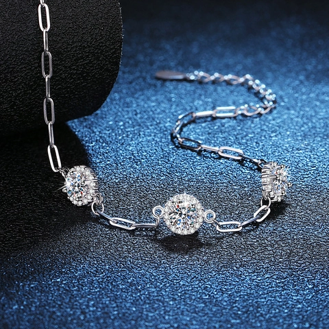 925 Sterling Silver Moissanite Bracelet For Women D Color Halo Setting Paperclip Chain Fashion Jewelry Elegant Gift Bracelet