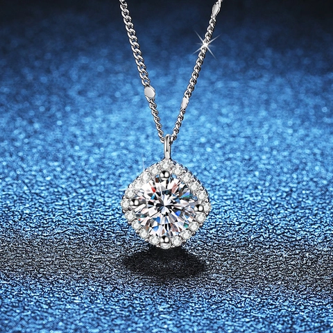 Collana in Argento Sterling 925 con Moissanite Ciondolo Halo Tondo per Donna Gioielli di Lusso in Pietra di Carbonio