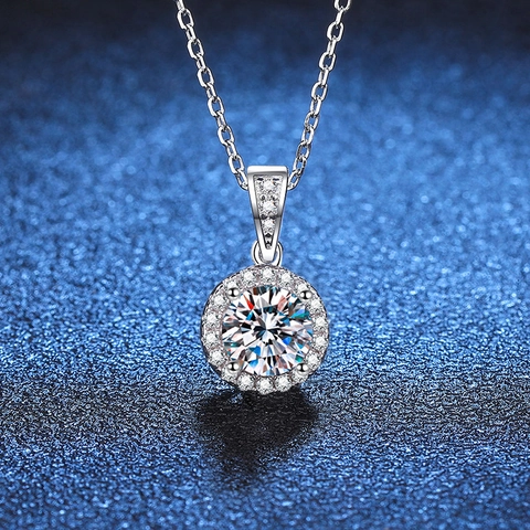 Collar de Pendiente de Moissanita de Plata de Ley 925 para Mujer Joyas de Moissanita con Halo Redondo Collar de Cadena Cruzada