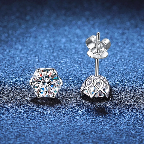Orecchini a Bottone in Argento Sterling 925 Moissanite Strass da Donna Design a Sei Griffe Petalo di Rosa Gioielli Classici