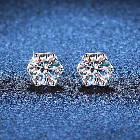 Orecchini a Bottone in Argento Sterling 925 Moissanite Strass da Donna Design a Sei Griffe Petalo di Rosa Gioielli Classici