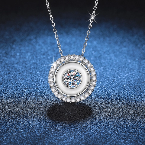 Collana in Argento Sterling 925 con Moissanite Ciondolo Halo a Doppio Cerchio Geometrico Intarsio in Madreperla per Donna