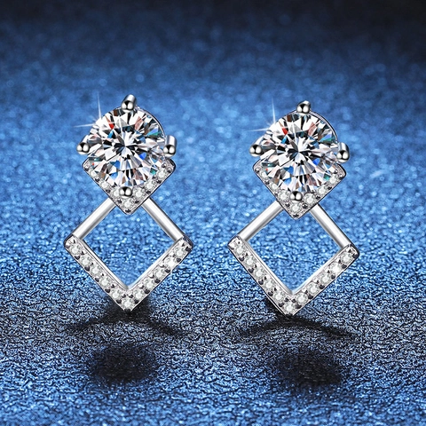 Luxurious 925 Sterling Silver Moissanite Stud Earrings Geometric Frame Rhinestone Pave Fine Jewelry For Women Wedding Gift