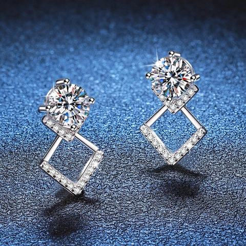 Luxurious 925 Sterling Silver Moissanite Stud Earrings Geometric Frame Rhinestone Pave Fine Jewelry For Women Wedding Gift