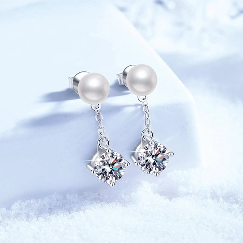 S925 Sterlingsilber Moissanit Süßwasserperle Hängeohrringe Elegant Vier Krallen Fassung Strass Tropfen Ohrstecker Für Damen Schmuck