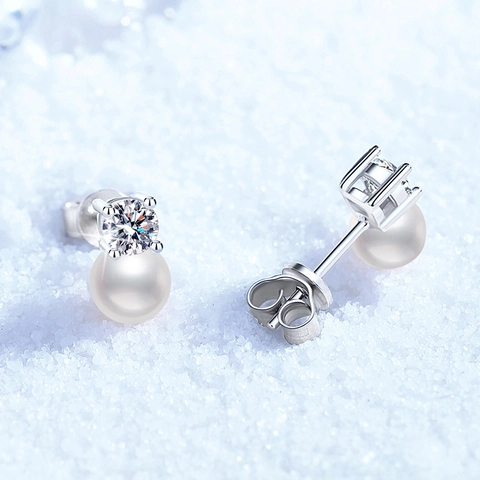 S925 Sterlingsilber Süßwasserperle Ohrstecker Mit Moissanit Rund Eingelegt Elegant Minimalistisch D Farbe Schmuck Für Damen