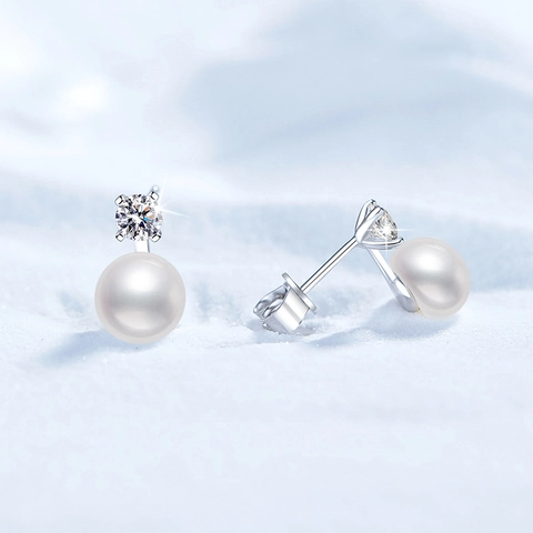 Minimalist 925 Sterling Silver Moissanite Freshwater Pearl Stud Earrings For Women Korean Style Elegant Inlaid Jewelry