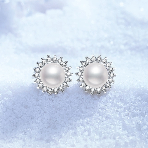 Elegante 925 Sterling Zilveren Zoetwaterparel Oorknopjes Voor Dames Witte Ronde Parel Strass Halo Oorbellen Sieraden Cadeau