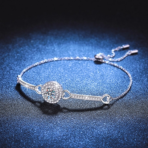 925 Sterling Silver Moissanite Bracelet For Women Halo Round Cut Heart Link Adjustable Drawstring Chain Luxury Jewelry