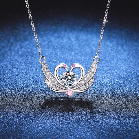 Collana in Argento Sterling 925 con Moissanite Elegante Ciondolo a Cuore di Cigno Catena della Clavicola con Strass Intarsiati