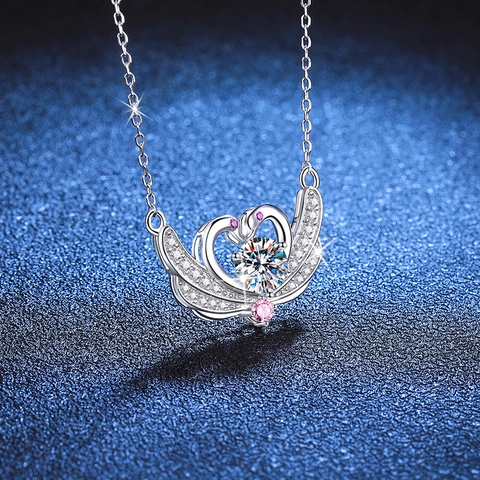 Collana in Argento Sterling 925 con Moissanite Elegante Ciondolo a Cuore di Cigno Catena della Clavicola con Strass Intarsiati