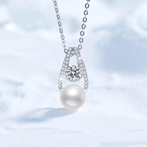 Collana con Ciondolo in Argento Sterling 925 Moissanite e Perla d'Acqua Dolce per Donna Zirconia Forma a U Gioielli