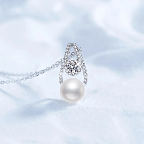 Collana con Ciondolo in Argento Sterling 925 Moissanite e Perla d'Acqua Dolce per Donna Zirconia Forma a U Gioielli