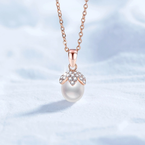 Collana con Ciondolo in Perla d'Acqua Dolce Naturale in Argento Sterling S925 Elegante Bocciolo di Fiore Oro Champagne Strass Gioielli per Donna