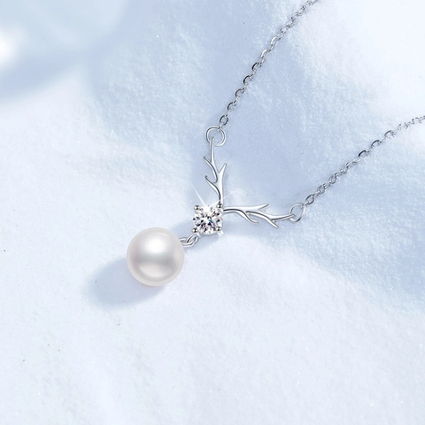 925 Sterling Silver Reindeer Horn Necklace With Freshwater Pearl And Moissanite Sparkling Antler Pendant Holiday Jewelry For Women