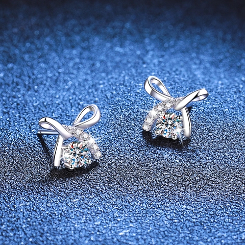 Pendientes de Botón de Lazo de Plata de Ley 925 Con Moissanita Circón Incrustado Piedra Redonda Joyas Elegantes Para Mujer Regalo