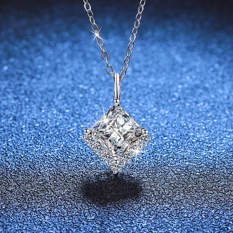 Princess Cut Moissanite Pendant Necklace 925 Sterling Silver Halo Square Sugar Style Luxury Jewelry For Women