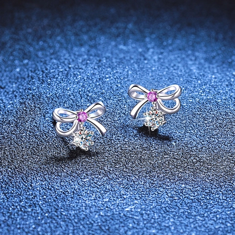 Pendientes de Lazo de Plata de Ley 925 con Moissanita para Mujer Color D Strass Rosa Pendientes de Botón con Certificado GRA Joyería