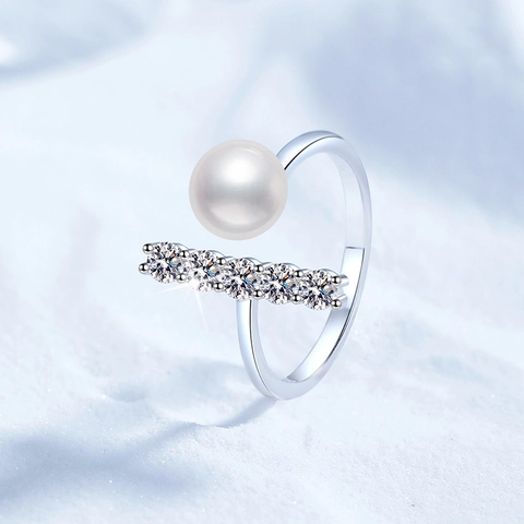 S925 Sterling Silver Moissanite Freshwater Pearl Opening Ring Geometric Design Elegant Fashion Adjustable Jewelry For Women