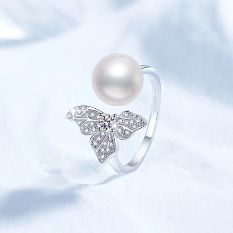 S925 Sterling Silver Freshwater Pearl Moissanite Adjustable Open Ring Elegant Butterfly Clover Design Finger Ring For Women