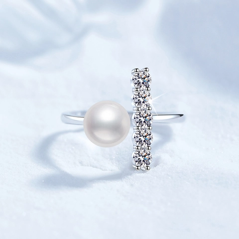 S925 Sterling Silver Moissanite Freshwater Pearl Opening Ring Geometric Design Elegant Fashion Adjustable Jewelry For Women