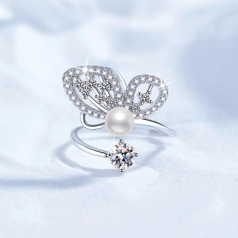 S925 Sterling Silver Butterfly Open Ring For Women Freshwater Pearl Moissanite Rhinestone Adjustable Fashion Jewelry Ring Gift