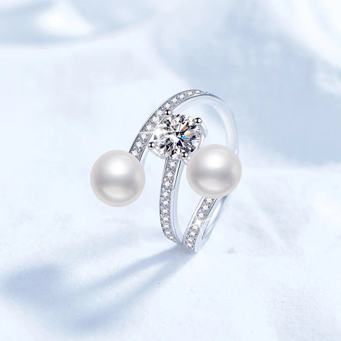 S925 Sterling Silver Moissanite Freshwater Pearl Ring Bow Wave Multi Layer Open Adjustable Ring Fashion Fine Jewelry For Women