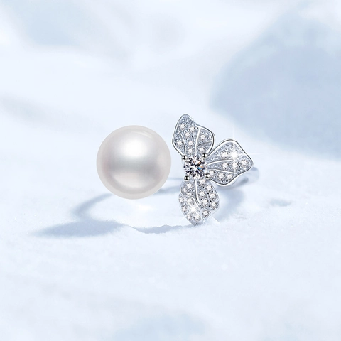 S925 Sterling Silver Freshwater Pearl Moissanite Adjustable Open Ring Elegant Butterfly Clover Design Finger Ring For Women