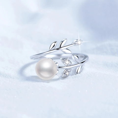 925 Sterling Zilver Zoetwaterparel Verstelbare Ring Voor Dames Bladtak Ontwerp Ingelegde Strass Mode Vingerring