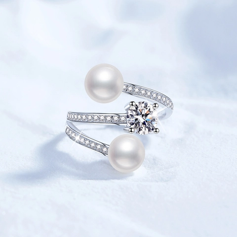 S925 Sterling Silver Moissanite Freshwater Pearl Ring Bow Wave Multi Layer Open Adjustable Ring Fashion Fine Jewelry For Women