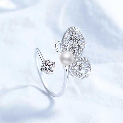 S925 Sterling Silver Butterfly Open Ring For Women Freshwater Pearl Moissanite Rhinestone Adjustable Fashion Jewelry Ring Gift