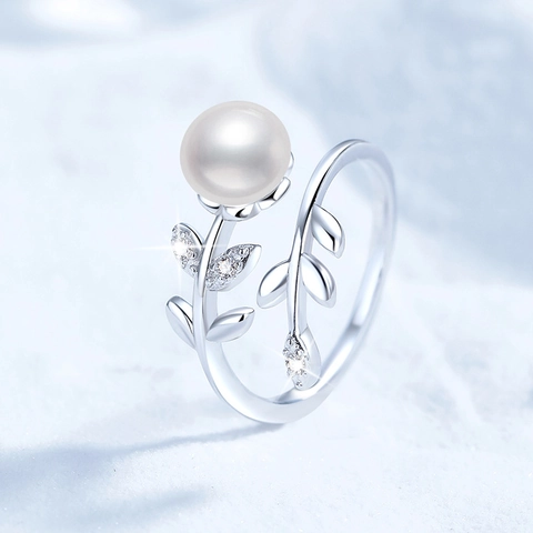 925 Sterling Zilver Zoetwaterparel Verstelbare Ring Voor Dames Bladtak Ontwerp Ingelegde Strass Mode Vingerring