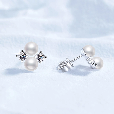 Orecchini a Bottone in Argento Sterling 925 Con Perla d'Acqua Dolce per Donna Quadrifoglio Moissanite Zirconia Gioielli