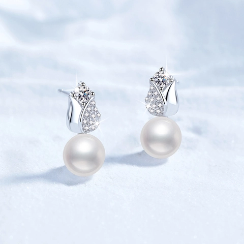 Orecchini a Perla in Argento Sterling 925 a Forma di Tulipano Per Donna Eleganti Orecchini con Perle d'Acqua Dolce e Moissanite Gioielli Festa