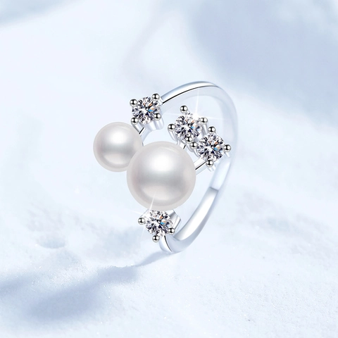 S925 Sterlingsilber Moissanit Süßwasserperle Offener Ring Eleganter Asymmetrischer Welle Verstellbarer Schmuck Für Damen Fingerring Geschenk