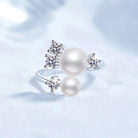 S925 Sterlingsilber Moissanit Süßwasserperle Offener Ring Eleganter Asymmetrischer Welle Verstellbarer Schmuck Für Damen Fingerring Geschenk