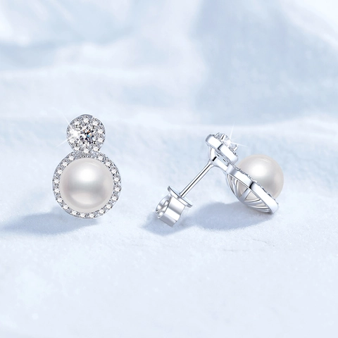 Orecchini a Bottone in Argento Sterling 925 con Perle d'Acqua Dolce e Moissanite per Donna Gioielli Vintage con Perle Tonde