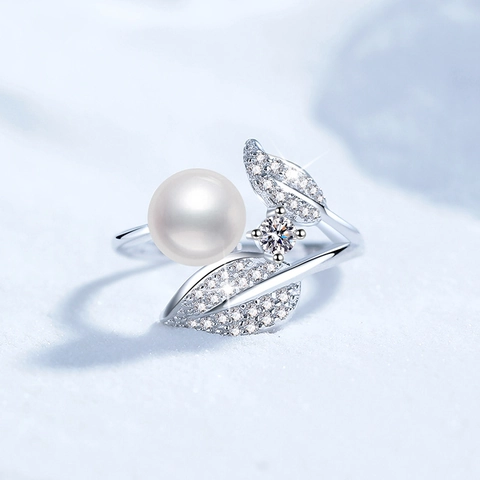 S925 Sterling Silver Moissanite Freshwater Pearl Adjustable Open Ring Elegant Flower Petal Leaf Design For Women Jewelry