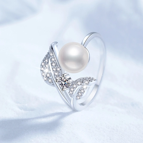 S925 Sterling Silver Moissanite Freshwater Pearl Adjustable Open Ring Elegant Flower Petal Leaf Design For Women Jewelry