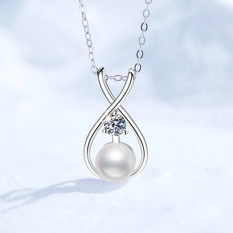 Collana con Ciondolo in Argento Sterling 925 Perla d'Acqua Dolce Corona Moissanite Zirconia Catena a Croce Gioielli Donna