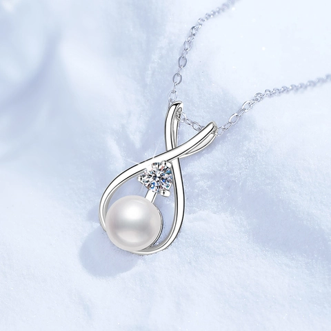 Collana con Ciondolo in Argento Sterling 925 Perla d'Acqua Dolce Corona Moissanite Zirconia Catena a Croce Gioielli Donna