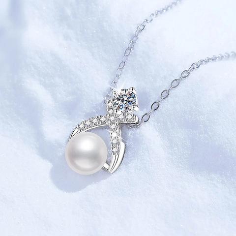 Collana con Ciondolo in Argento Sterling 925 Moissanite Perla d'Acqua Dolce Elegante Stile Diana Croce Strass per Donna